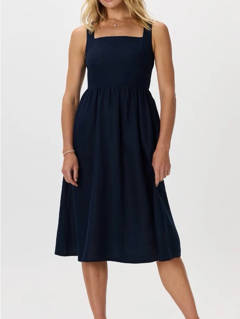 Quince linen fit and flare midi dress in navy